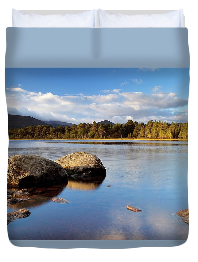 Water's Edge Duvet Cover featuring the photograph Still Lake In Early Morning Light, Loch by Sara winter