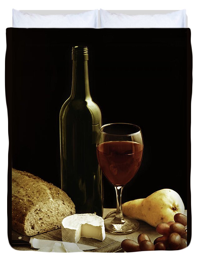 Cheese Duvet Cover featuring the photograph Still Life With Wine Cheese And Fruit by Oliverchilds