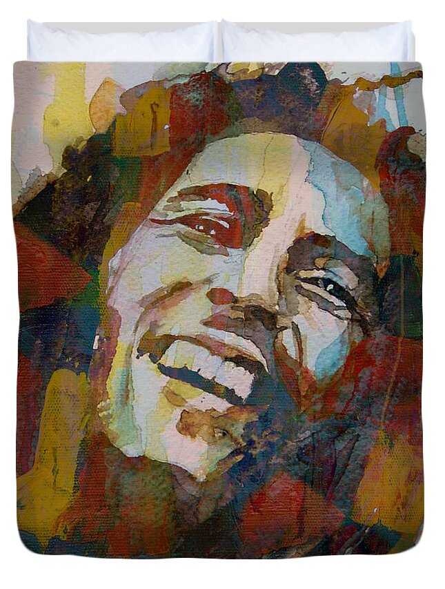 Bob Marley Duvet Cover featuring the painting Stir It Up - Retro - Bob Marley by Paul Lovering
