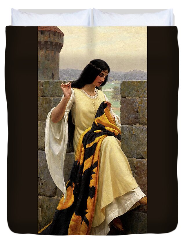 Stitching The Standard Duvet Cover featuring the painting Stitching the Standard by Edmund Leighton by Rolando Burbon