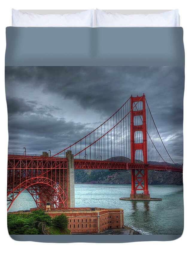 Landscape Duvet Cover featuring the photograph Stormy Golden Gate Bridge by Harry B Brown