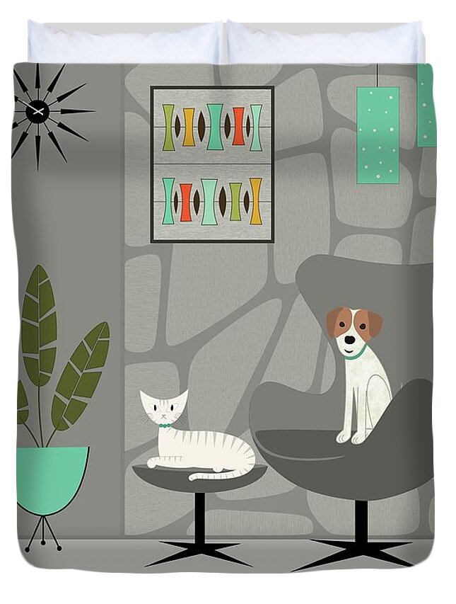 Mid Century Modern Duvet Cover featuring the digital art Stone Wall with Dog and Cat by Donna Mibus