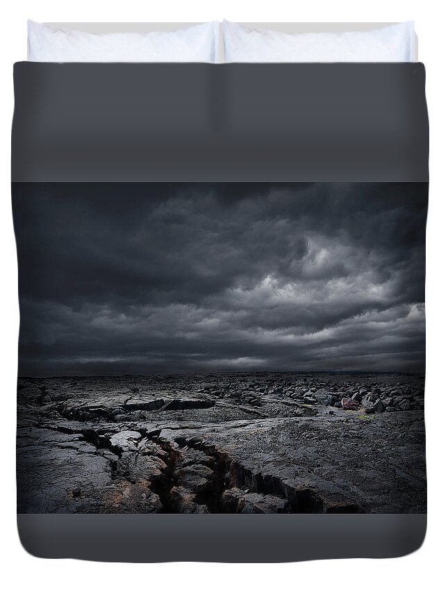 Mauna Loa Duvet Cover featuring the photograph Storm Clouds Over Dry Rocky Landscape by Chris Clor