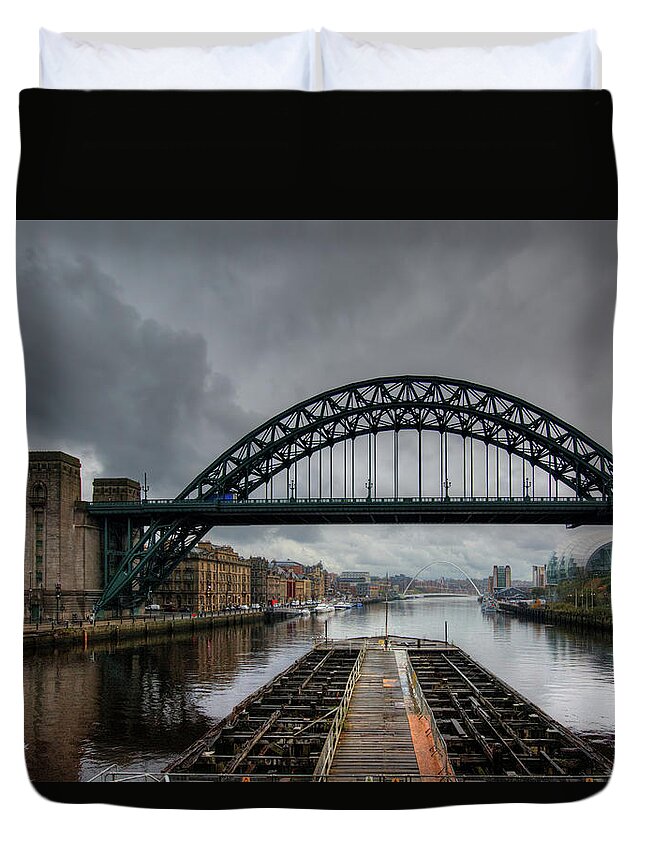 Low Level Bridge Duvet Cover featuring the mixed media Stormy Newcastle by Smart Aviation