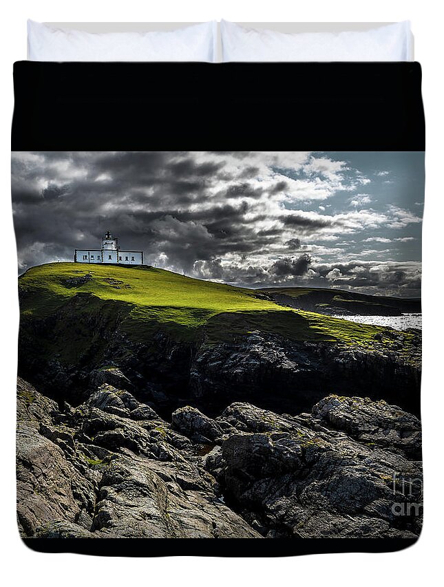 Scotland Duvet Cover featuring the photograph Strathy Point Lighthouse In Scotland by Andreas Berthold