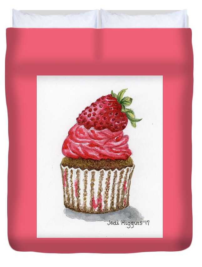 Cupcake Duvet Cover featuring the painting Strawberry Cupcake by Jodi Higgins