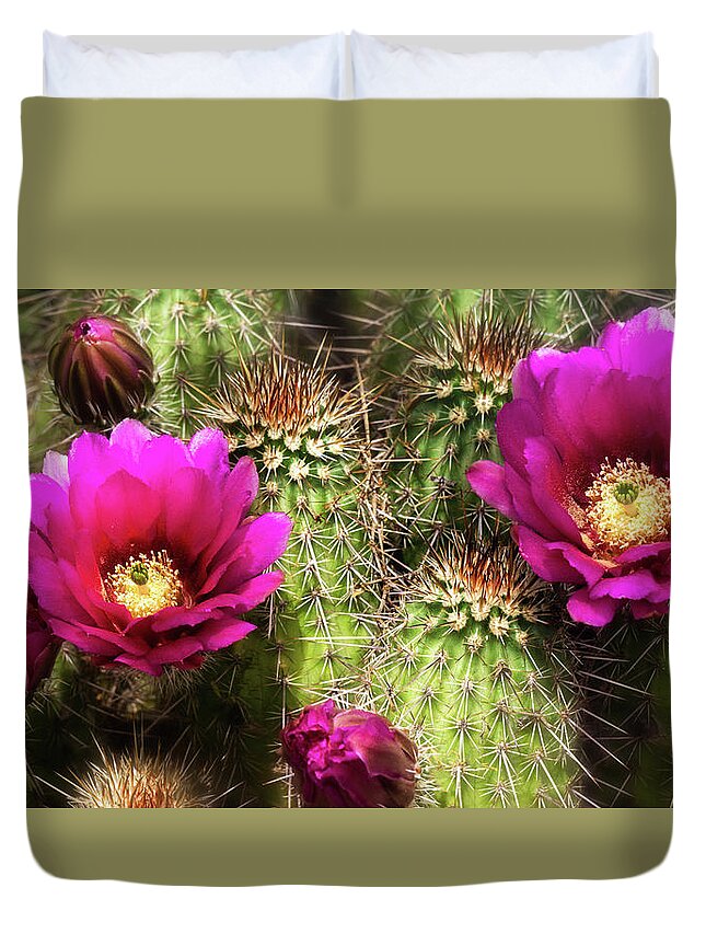 Strawberry Hedgehog Cactus Duvet Cover featuring the photograph Strawberry Hedgehog Flowers by Saija Lehtonen