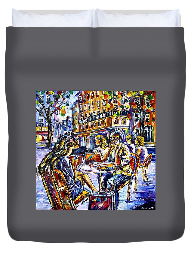 Paris Lovers Duvet Cover featuring the painting Street Cafe In Paris II by Mirek Kuzniar