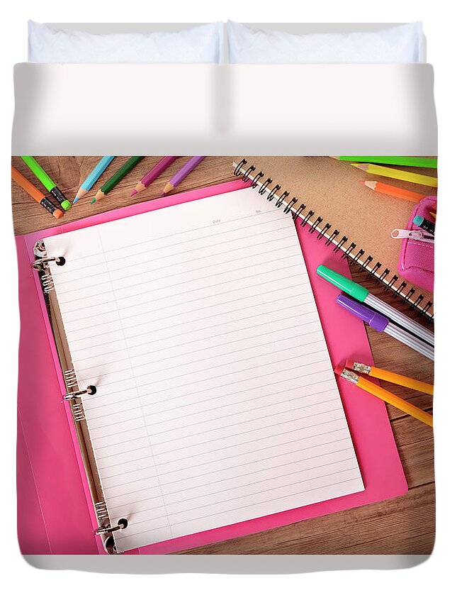 Workbook Duvet Cover featuring the photograph Students Desk With Notebook Binder And by Hatman12
