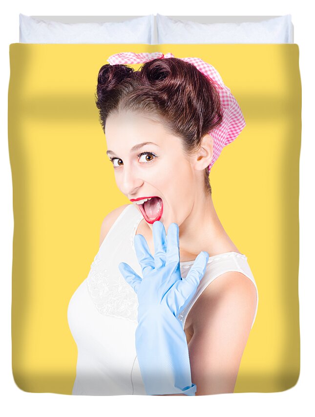 Pinup Duvet Cover featuring the photograph Stunned cleaning house wife wearing rubber glove by Jorgo Photography