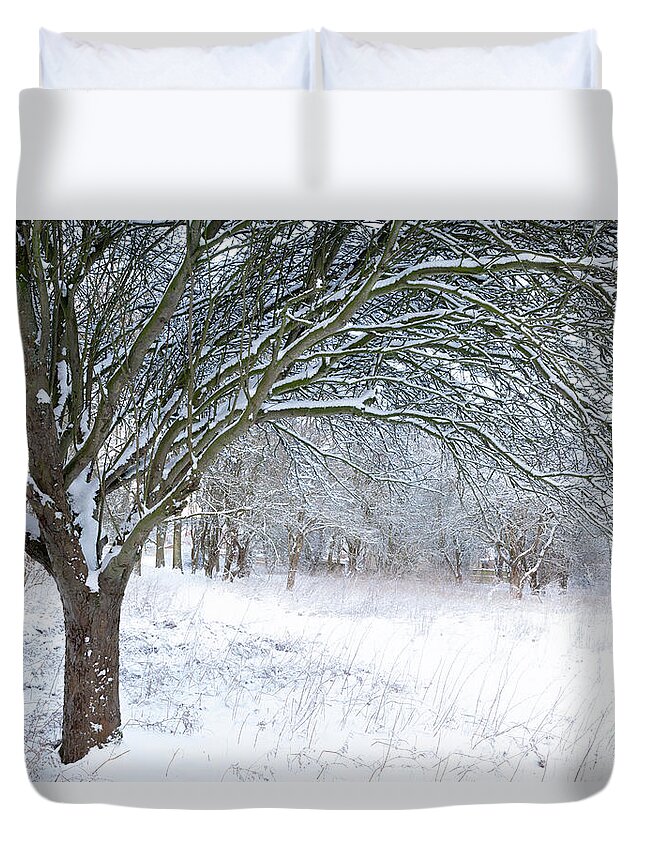 Norfolk Duvet Cover featuring the photograph Stunning forest snow winter scene by Simon Bratt