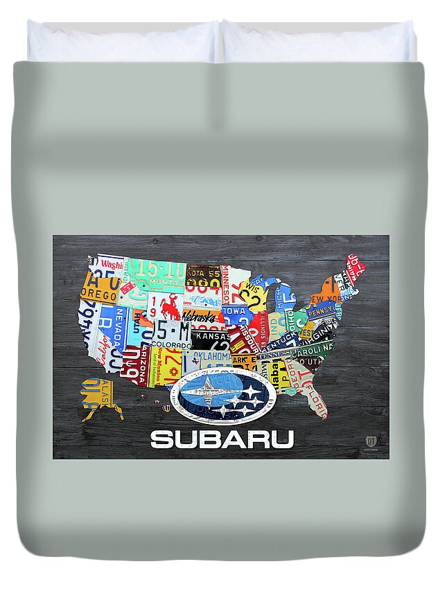 Subaru Duvet Cover featuring the mixed media Subaru Logo License Plate Map of the USA by Design Turnpike