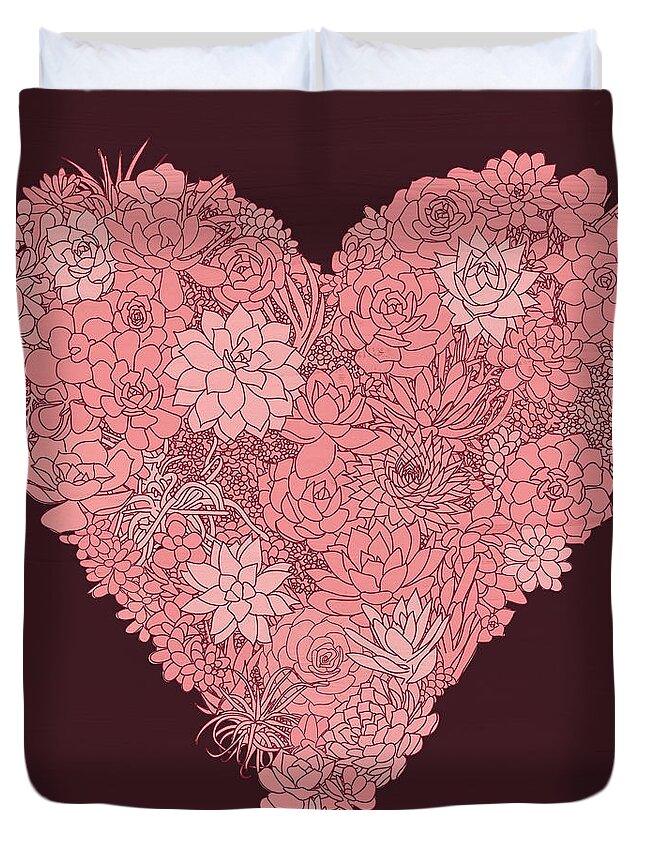 Succulents Duvet Cover featuring the painting Pink Succulent Heart Dark Background by Jen Montgomery