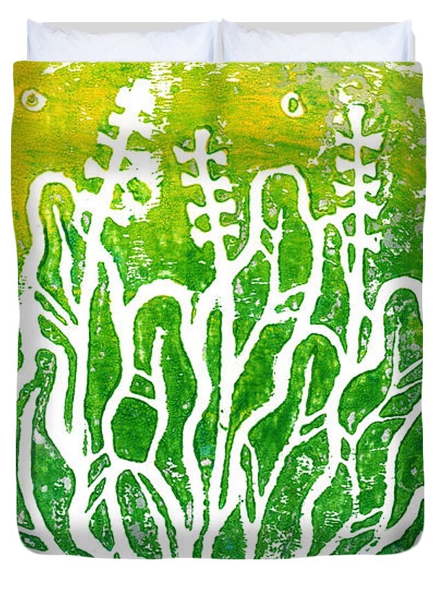 Gipsum Engraving Duvet Cover featuring the mixed media Summer Herbs, Green Yellow by Julia Khoroshikh