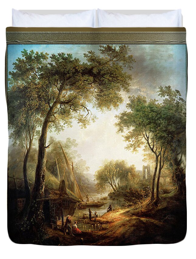 Summer Landscape Duvet Cover featuring the painting Summer Landscape with Water and Tall Trees by Elias Martin by Rolando Burbon