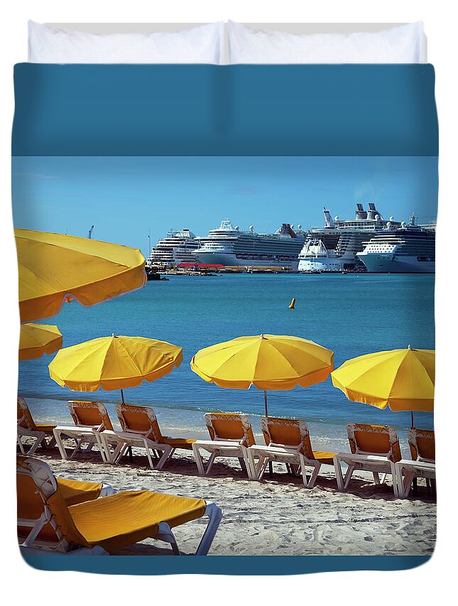 In A Row Duvet Cover featuring the photograph Sun Loungers And Sunshades On The Beach by Onfilm