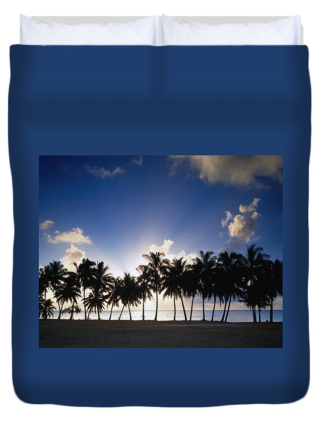 Nature Duvet Cover featuring the photograph Sun Setting Behind Palm Tree Lined by Manfred Gottschalk