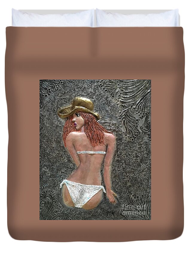 Clay Relief On Canvas Duvet Cover featuring the sculpture Sunbathing by Maria Karlosak