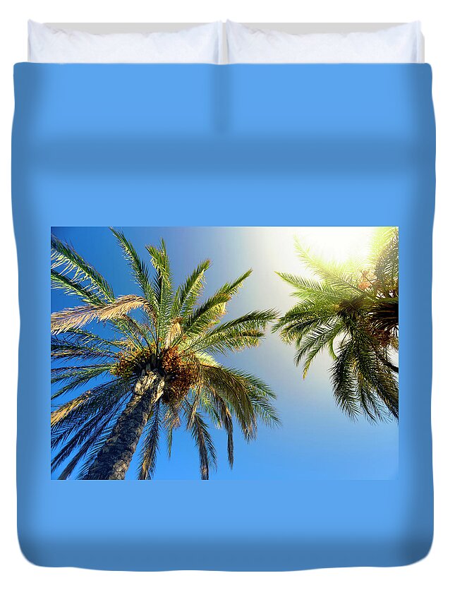 Tropical Tree Duvet Cover featuring the photograph Sunbeam Glaring Through The Palm Trees by Aylinstock