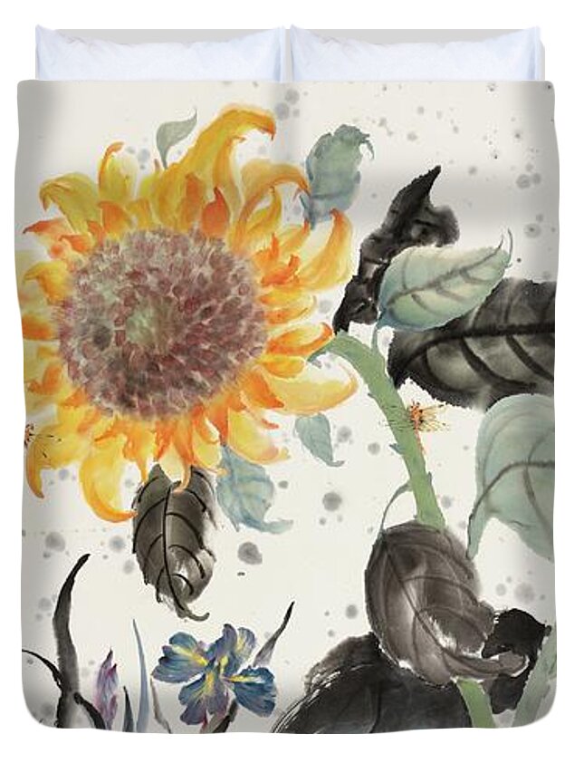 Chinese Watercolor Duvet Cover featuring the painting Sunflower and Dragonfly by Jenny Sanders