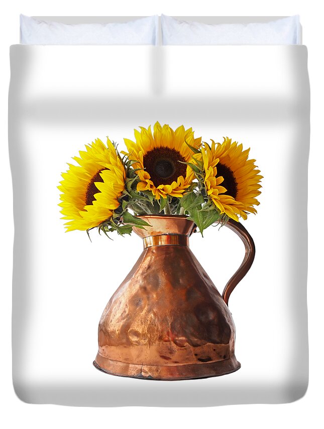 Sunflower Duvet Cover featuring the photograph Sunflowers In Copper Pitcher On White by Gill Billington