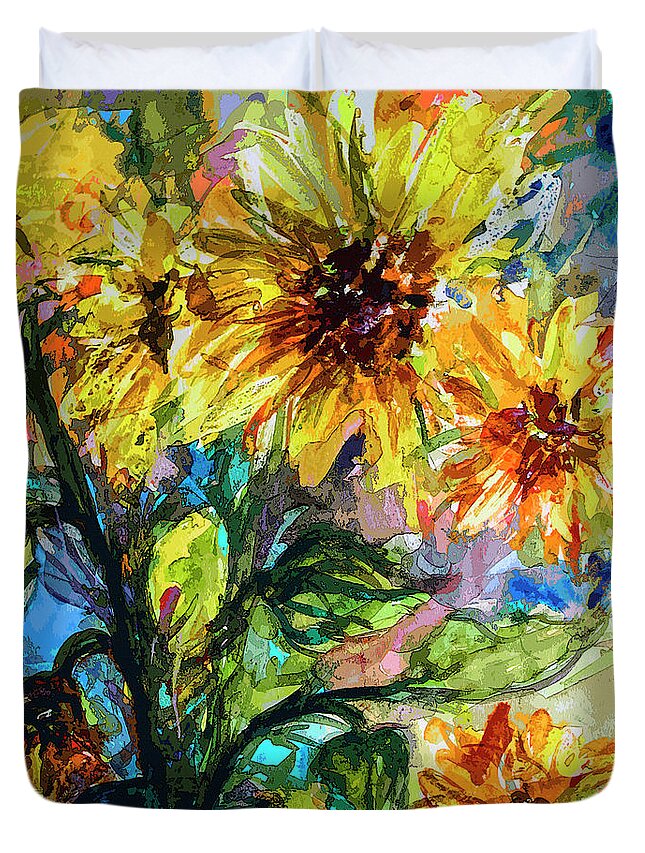 Sunflowers Duvet Cover featuring the mixed media Sunflowers Summer Flowers Mixed Media by Ginette Callaway