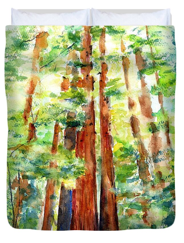 Redwoods Duvet Cover featuring the painting Sunlight through Redwood Trees by Carlin Blahnik CarlinArtWatercolor