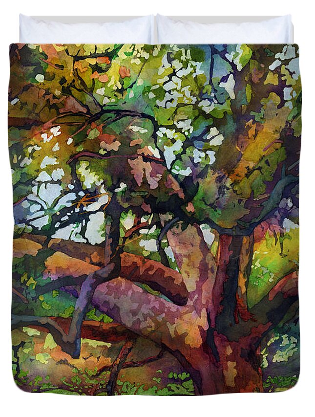 Oak Duvet Cover featuring the painting Sunlit Century Tree by Hailey E Herrera