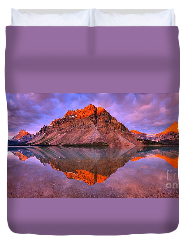 Bow Lake Duvet Cover featuring the photograph Sunrise Across The Bow Lake Peaks by Adam Jewell