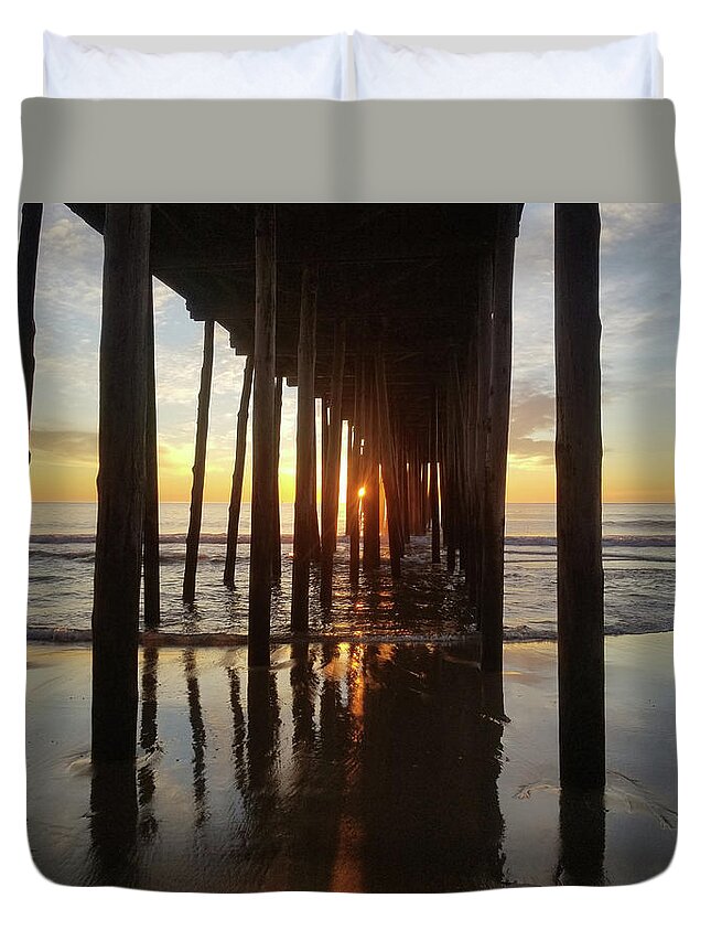 Beach Duvet Cover featuring the photograph Sunrise At The OC Fishing Pier by Robert Banach