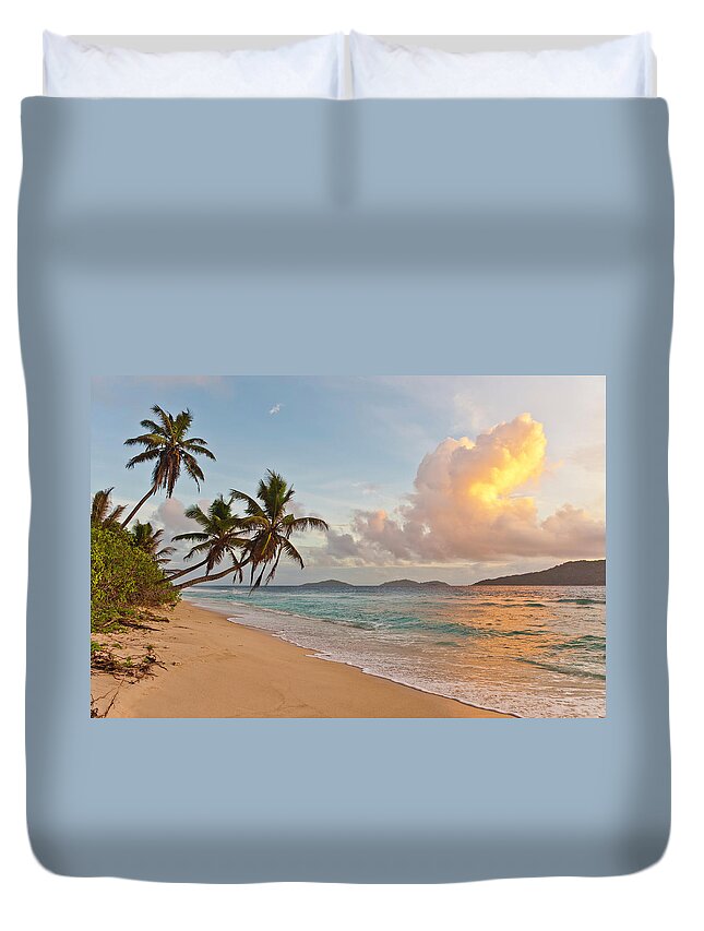 Water's Edge Duvet Cover featuring the photograph Sunrise On Deserted Tropical Island by Fotovoyager