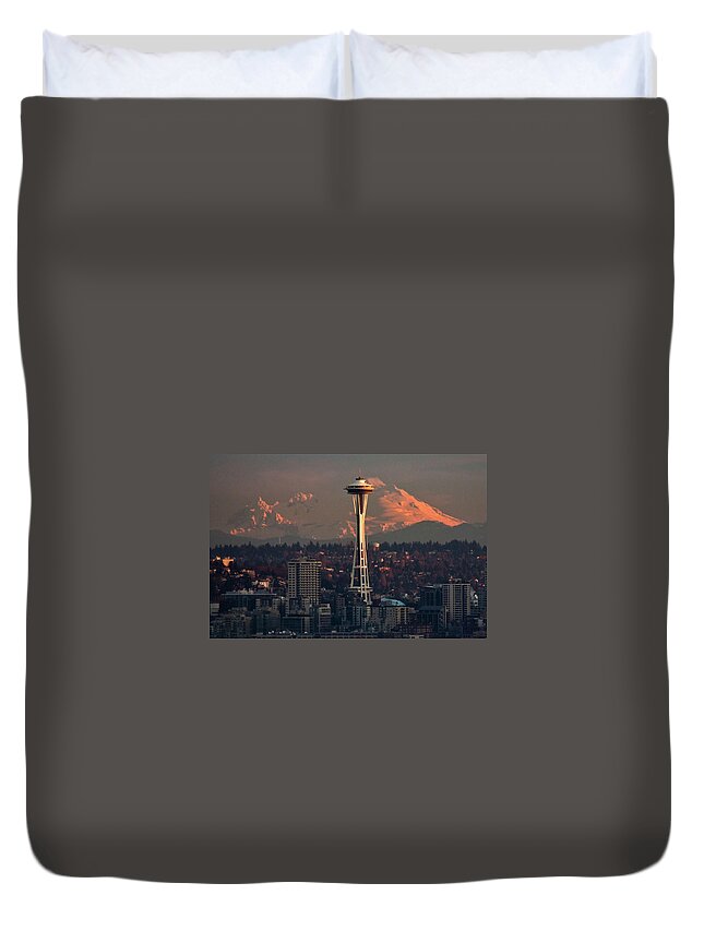Tranquility Duvet Cover featuring the photograph Sunrise Space Needle And Mountain Mt by Engelhardt.zenfolio.com