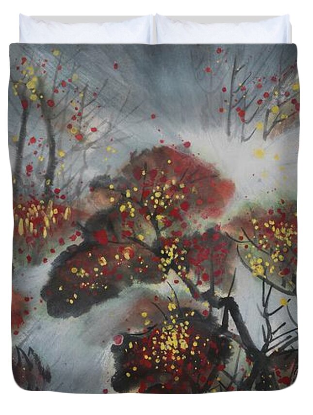 Chinese Watercolor Duvet Cover featuring the painting Sunrise Through the Mist by Jenny Sanders