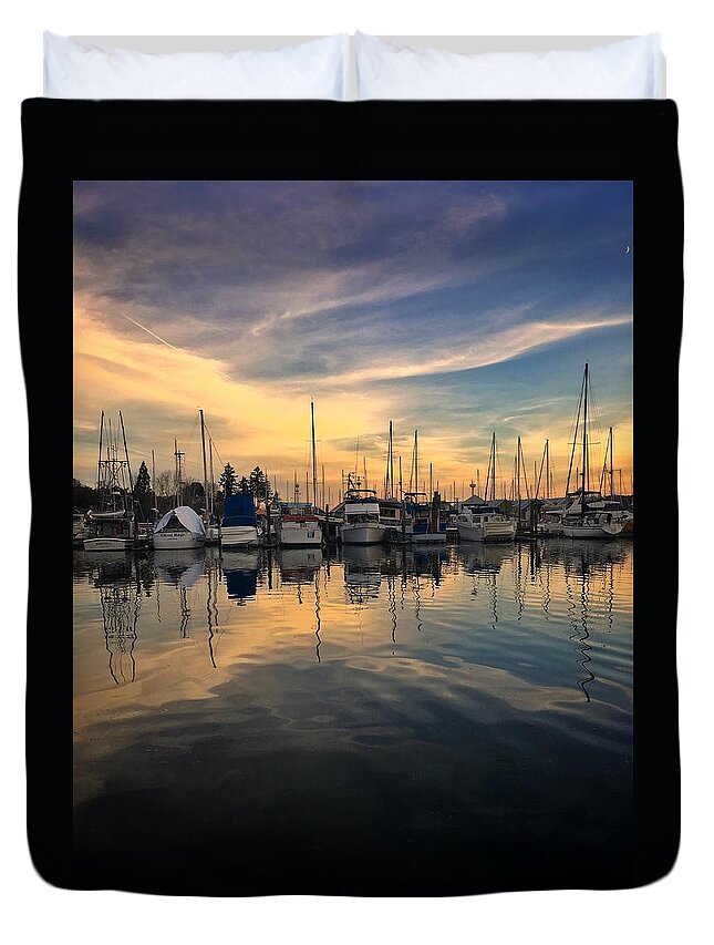 Poulsbo Duvet Cover featuring the photograph Sunrise Tranquility at the Marina by Jerry Abbott