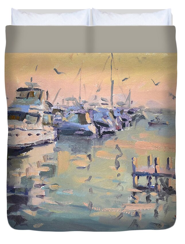 Boats Duvet Cover featuring the painting Sunset at Buffalo Harbor by Ylli Haruni