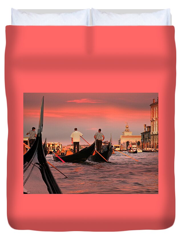 Gondola Duvet Cover featuring the photograph Sunset Gondolas by Micki Findlay