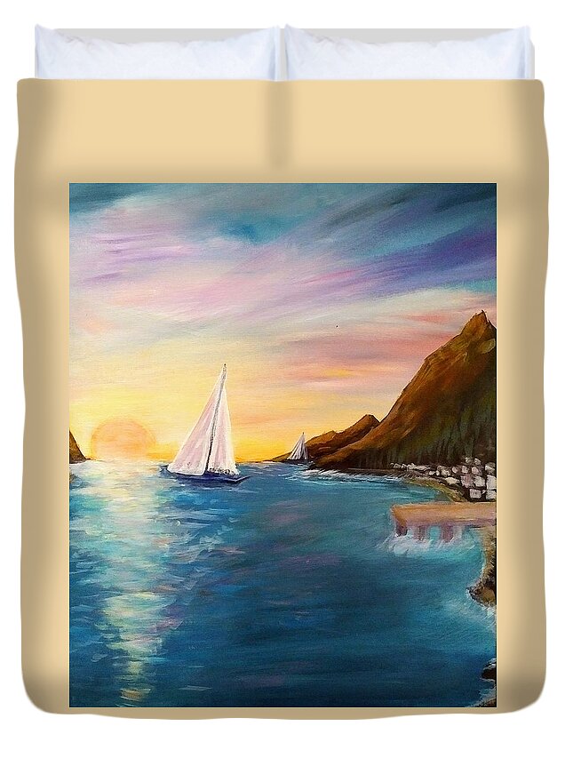 Sunset Duvet Cover featuring the painting Sunset in Montenegro by Lynne McQueen