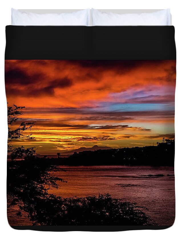 Sunset Duvet Cover featuring the photograph Sunset in Praia, Cape Verde by Lyl Dil Creations