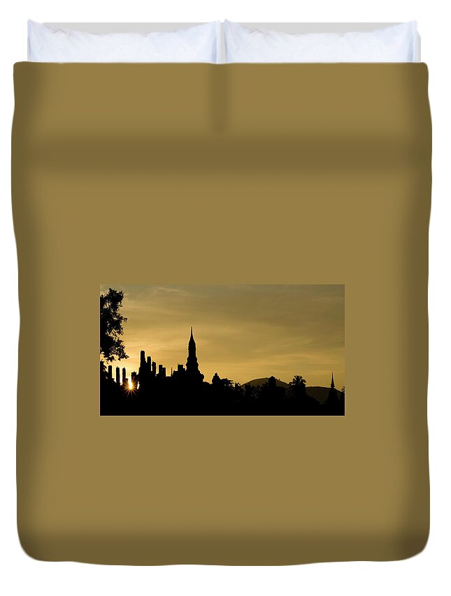 Southeast Asia Duvet Cover featuring the photograph Sunset In Sukhothai Temple Sites In by Joakimbkk