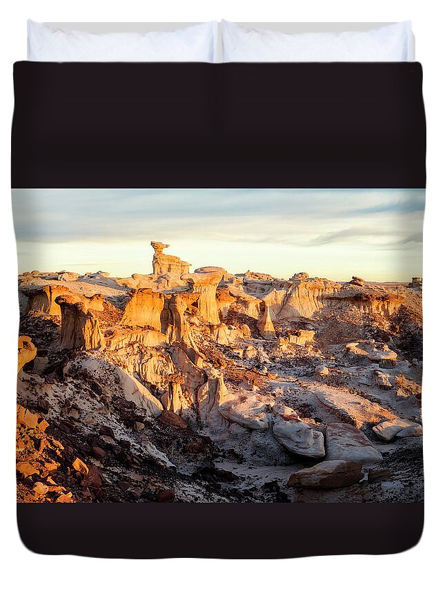 Abstract Duvet Cover featuring the photograph Sunset in Valley of Dreams Badlands by Alex Mironyuk