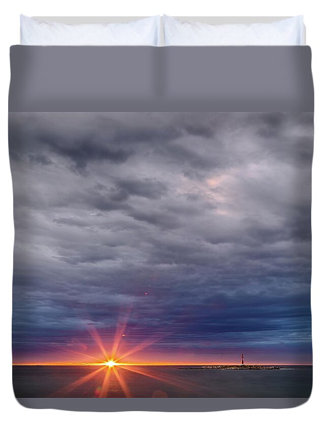Quay Duvet Cover featuring the photograph Sunset on red lookout by Vivida Photo PC