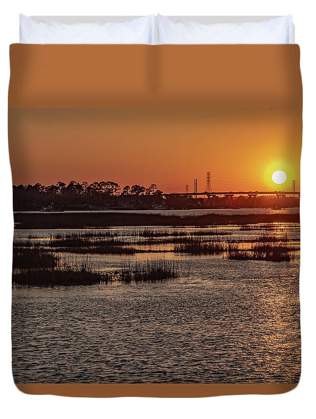 Sunset Duvet Cover featuring the photograph Sunset Over Skull Creek at The Bridge by Dennis Schmidt