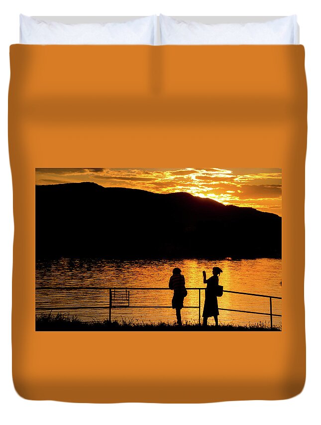 Sunset Along The Danube River Just North Of Budapest. Duvet Cover featuring the photograph Sunset Selfie by Tito Slack