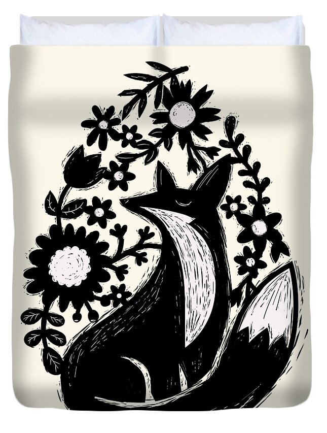 Painting Duvet Cover featuring the painting Sunshine Fox And Garden Flowers Linocut by Little Bunny Sunshine