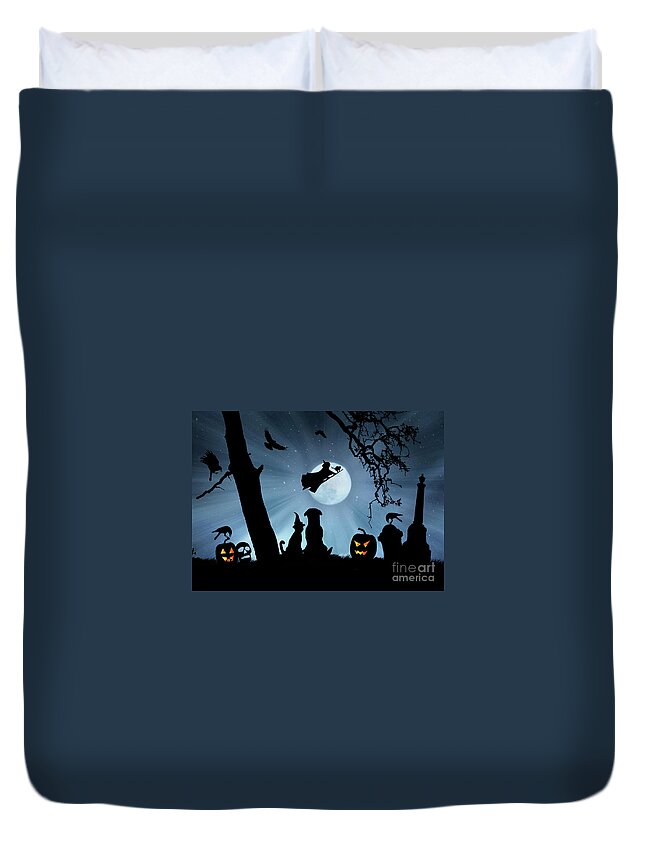 Halloween Duvet Cover featuring the photograph Super Cute Halloween Night With Dog and Cat by Stephanie Laird