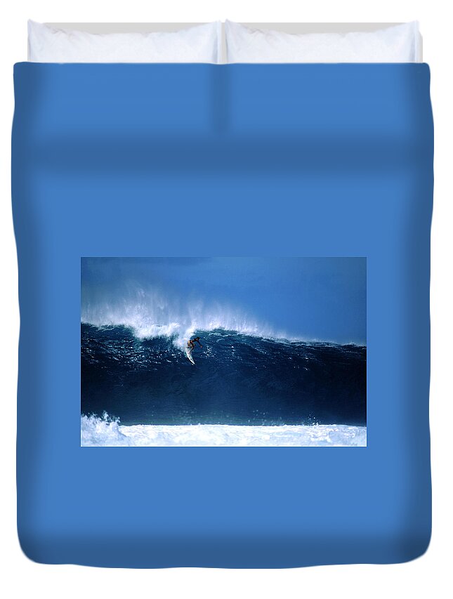 Waimea Bay Duvet Cover featuring the photograph Surfer Dropping In At Big Pipeline by Drewhadley