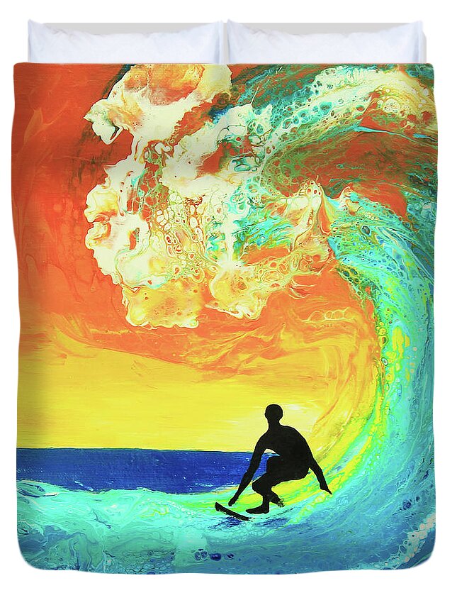 Seascape Duvet Cover featuring the painting Surfing the Wave by Jeanette French