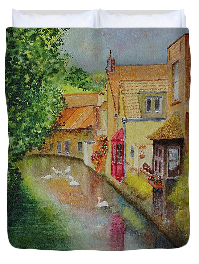 Bruges Duvet Cover featuring the painting Swan Canal by Karen Fleschler