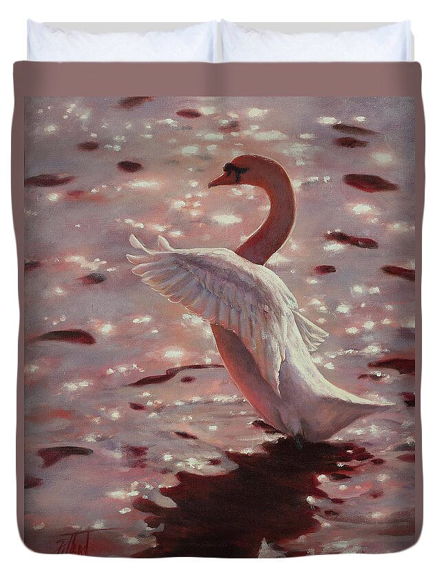 Swan Duvet Cover featuring the painting Pink Sunset Swan by Lynne Pittard
