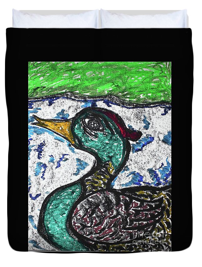 Charcoal Duvet Cover featuring the pastel Swimming Duck by Odalo Wasikhongo